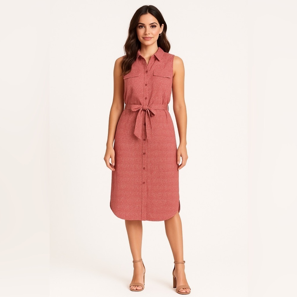 Equipment Femme Tegan Silk Sleeveless Midi Shirt Dress Ditsy Red Floral Medium